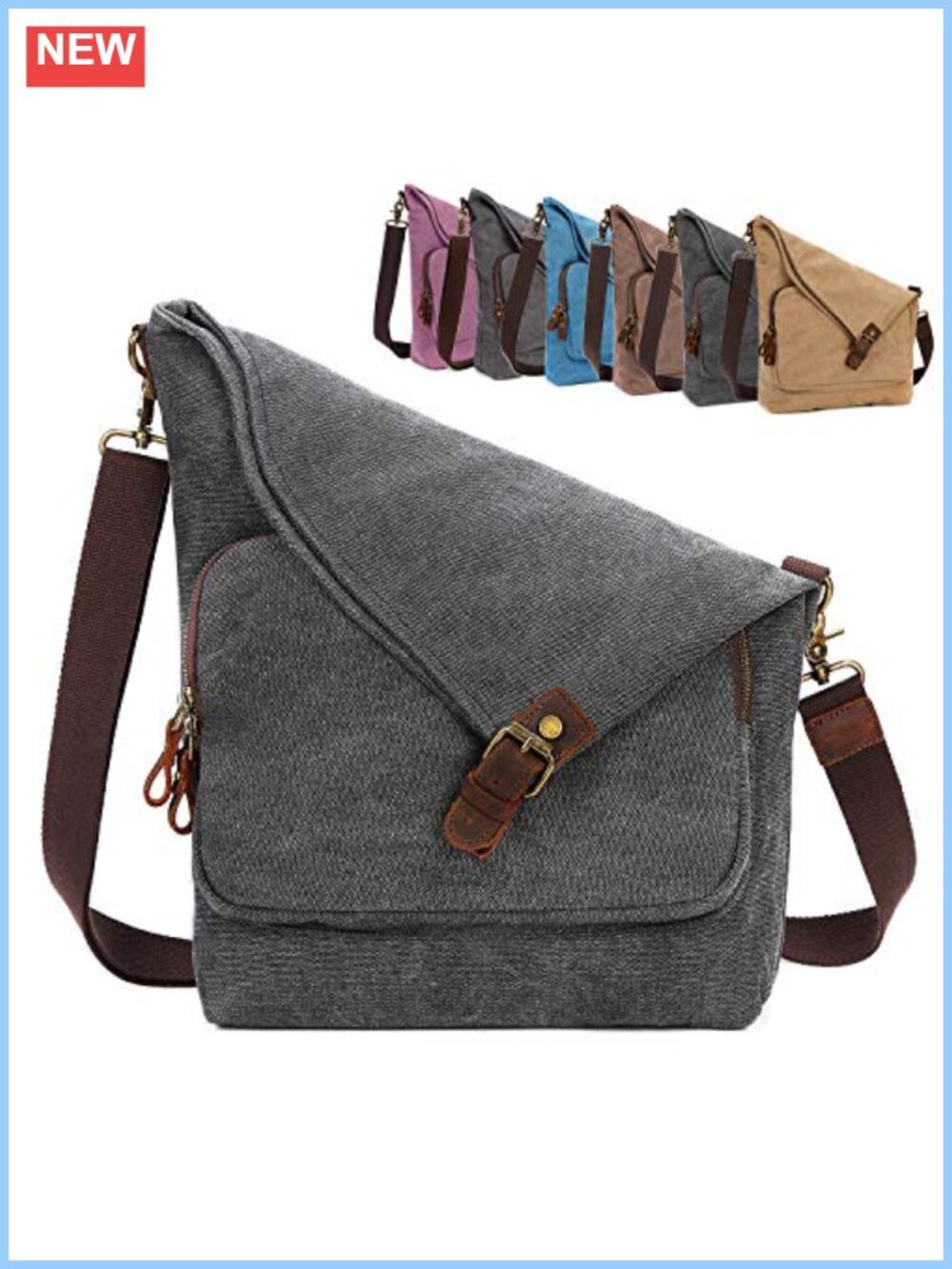 Canvas Crossbody Bag Genuine Leather Messenger Purse Adjustable Strap Totes